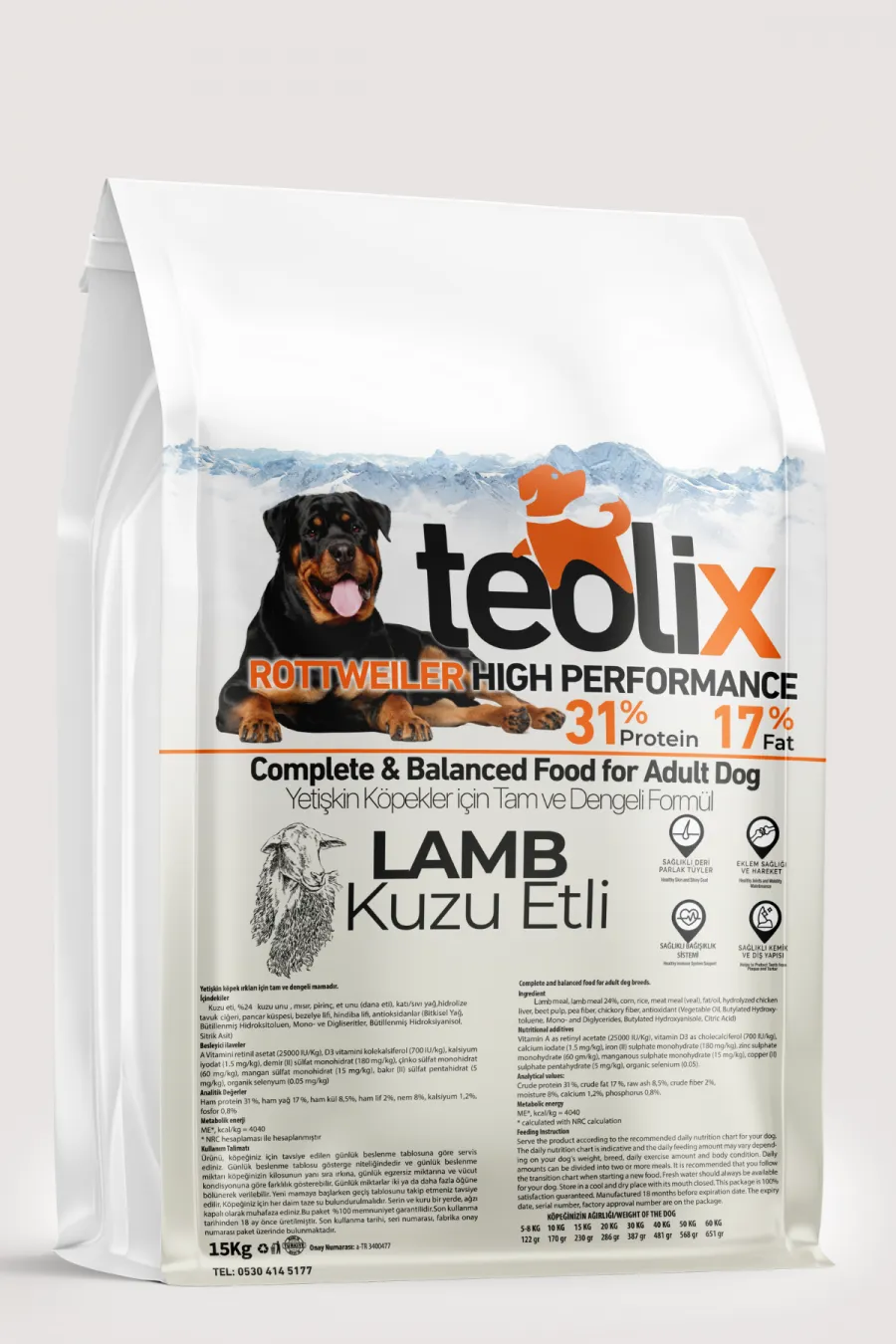 TEOLİX Rottweiler Kuzu Etli Yetişkin Köpek Maması 15 kg